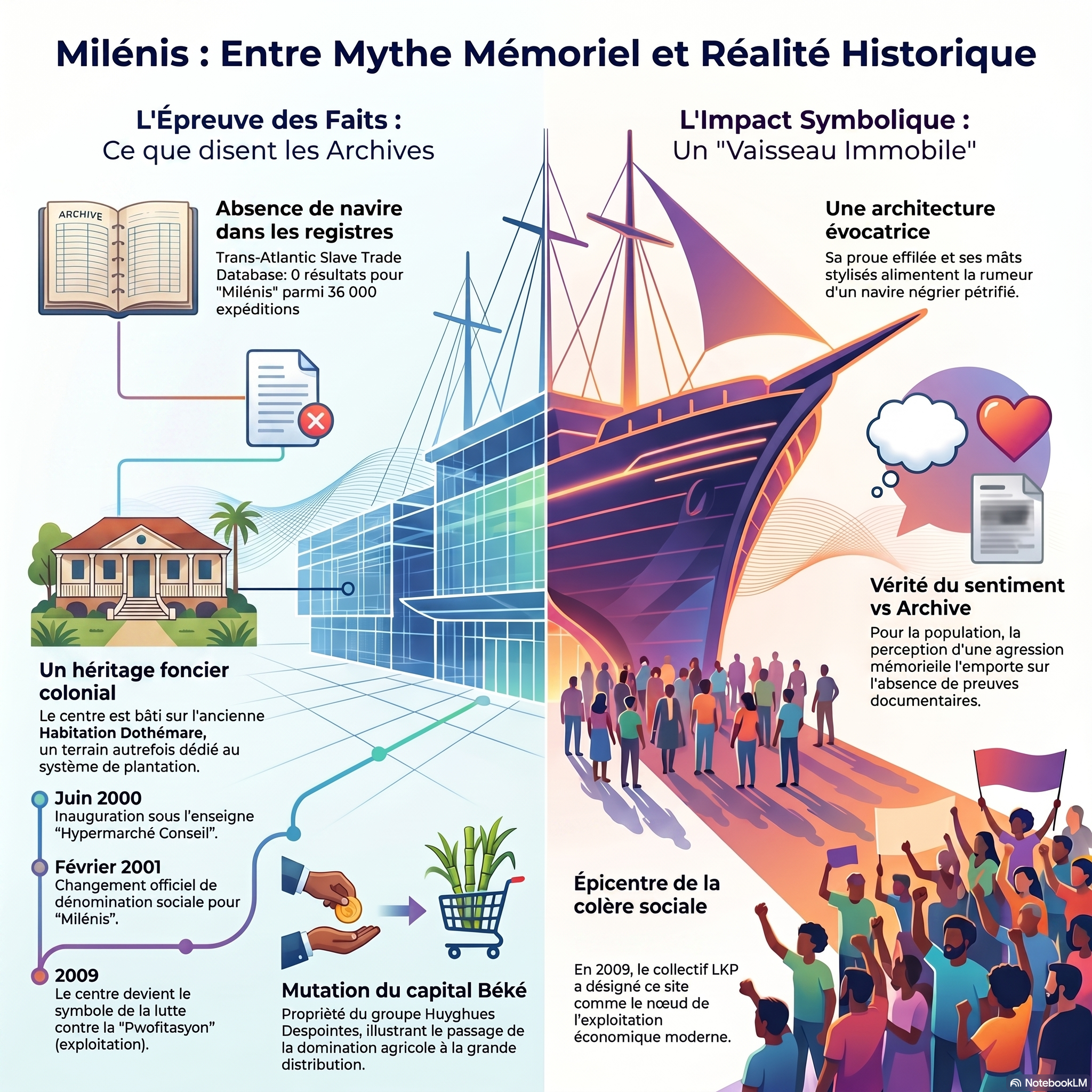Infographie comparant le mythe du navire négrier et la réalité historique et économique du centre commercial Milénis en Guadeloupe