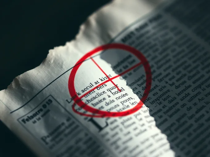 Macro d'un fragment de journal : un paragraphe cerclé de rouge sous un réticule de visée, le reste du texte dissous dans l'ombre.