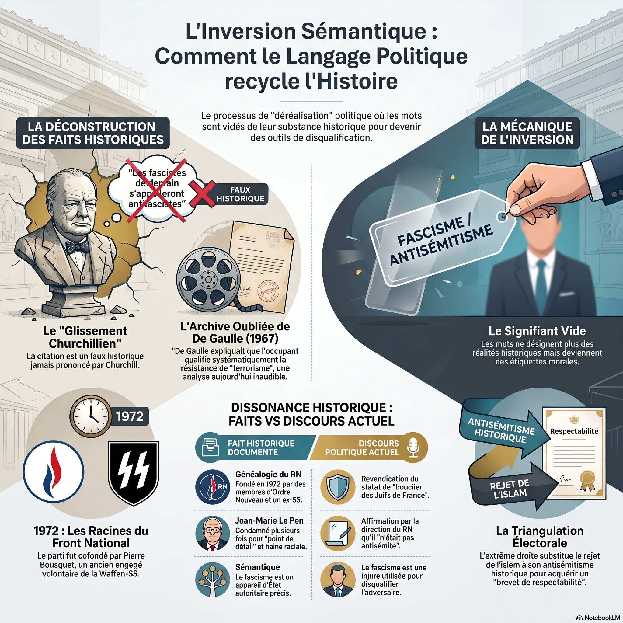 Schéma de l'inversion sémantique : faux Churchill brandi, archive De Gaulle 1967 ensevelie, généalogie SS du Front National effacée.