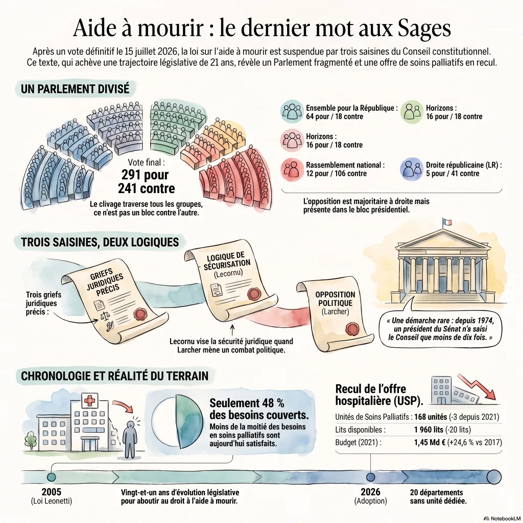 Infographie : le vote 291 contre 241, les trois saisines du Conseil constitutionnel et leurs deux logiques, et le recul de l'offre de soins palliatifs (48 % des besoins couverts, 168 unités).