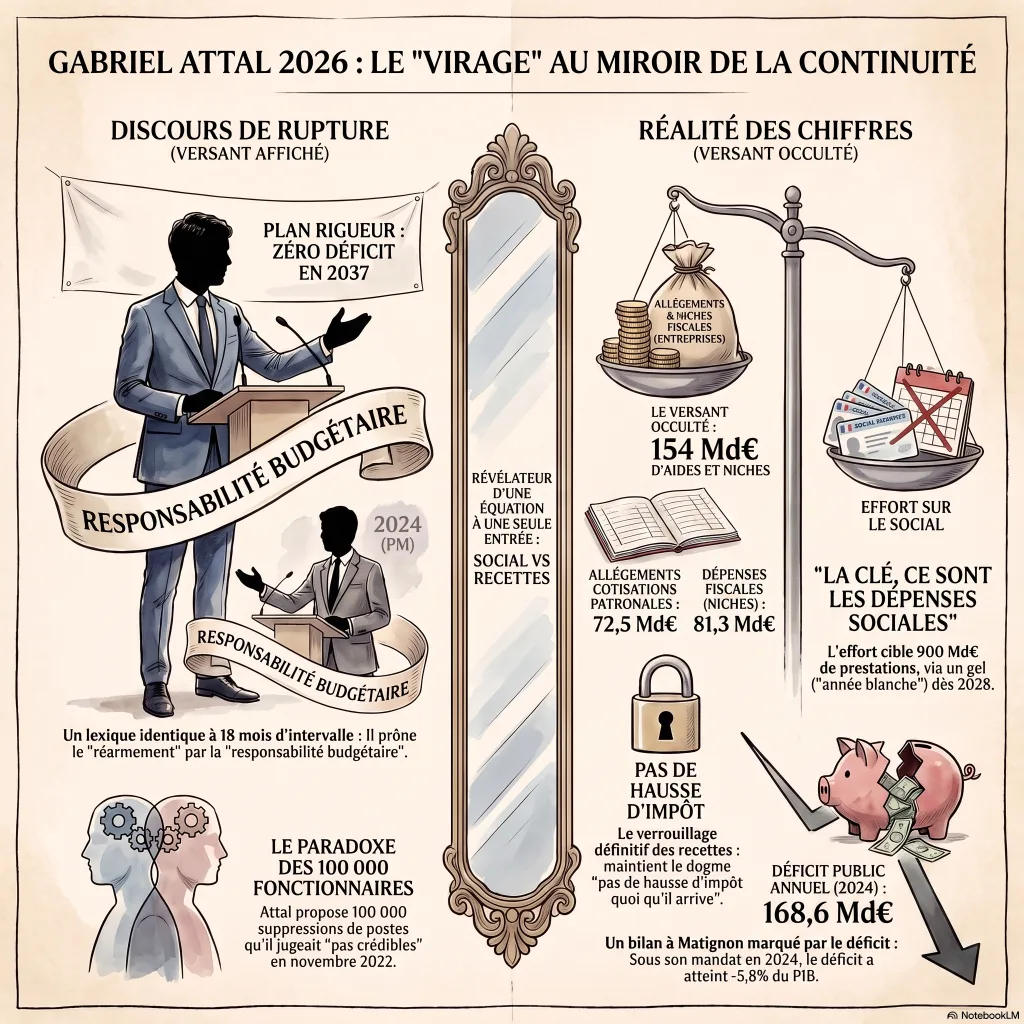Infographie en miroir : à gauche, le discours de rupture d'Attal (« responsabilité budgétaire » en 2024 comme en 2026, paradoxe des 100 000 fonctionnaires) ; à droite, la réalité des chiffres (154 Md€ d'allégements et niches aux entreprises, verrouillage « pas de hausse d'impôt », déficit 2024 de 168,6 Md€).