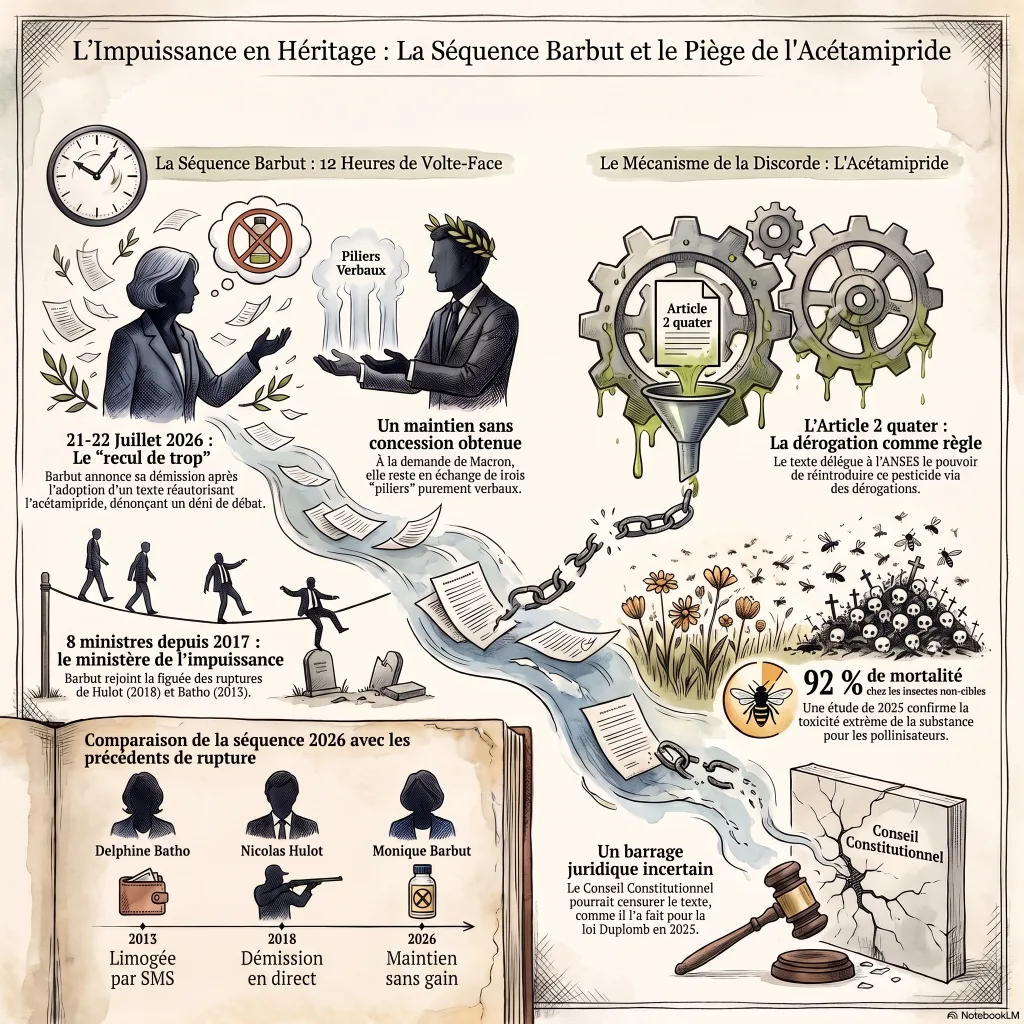Infographie : la séquence Barbut (démission le 22 juillet puis maintien), le mécanisme de dérogation ANSES pour l'acétamipride via l'article 2 quater, la lignée Batho-Hulot-Barbut du ministère de l'impuissance, et le barrage juridique incertain du Conseil constitutionnel.