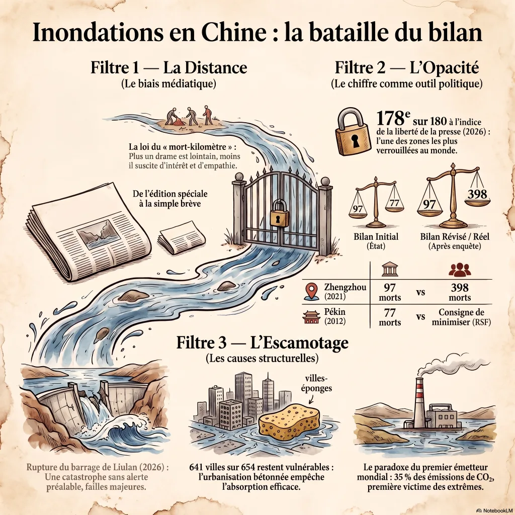 Infographie : les trois filtres qui masquent les causes d'une catastrophe — la distance médiatique (loi du mort-kilomètre), l'opacité du bilan officiel (Zhengzhou 2021, 97 puis 398 morts), l'escamotage des causes structurelles (barrage, villes-éponges, climat).