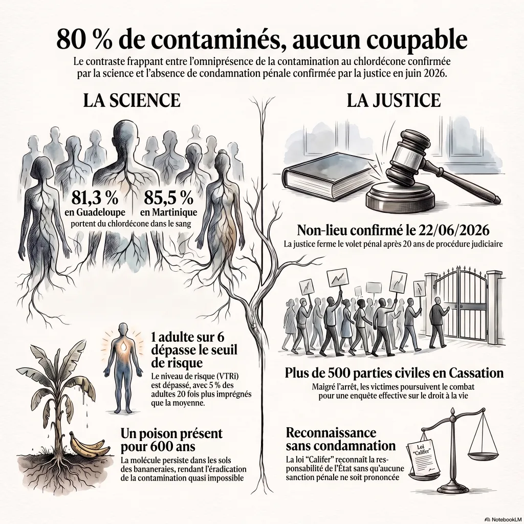 Infographie opposant deux colonnes. La science : 81,3 % des adultes de Guadeloupe et 85,5 % de ceux de Martinique portent du chlordécone dans le sang, un adulte sur six dépasse le seuil de risque, le poison persiste 600 ans dans les sols. La justice : non-lieu pénal confirmé le 22 juin 2026, plus de 500 parties civiles en cassation, une loi qui reconnaît la responsabilité de l'État sans condamnation.