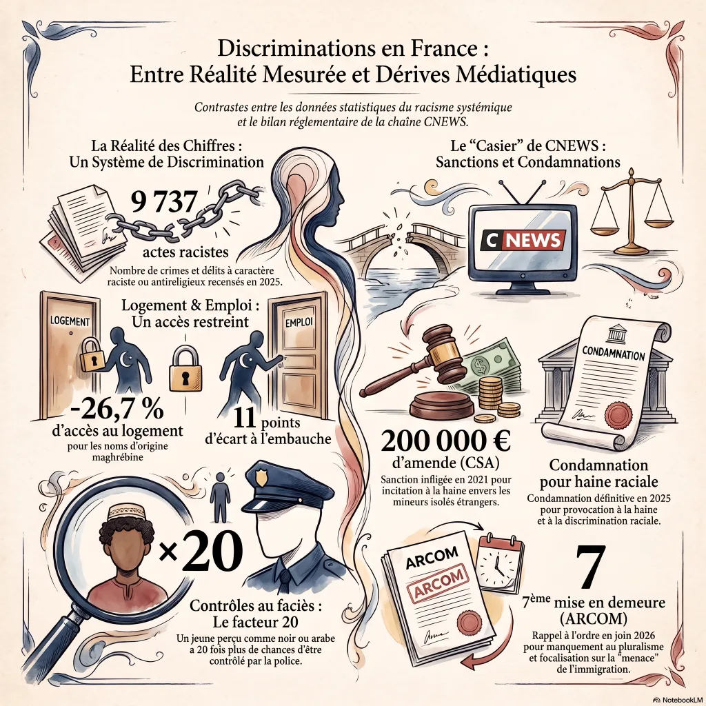 Infographie : le racisme systémique en France en chiffres (accès au logement −26,7 % pour un nom maghrébin, 11 points d'écart à l'embauche, contrôles au faciès vingt fois plus fréquents, 9 737 actes racistes en 2025) face au bilan réglementaire de CNEWS (amende CSA de 200 000 €, condamnation pour haine raciale, 7e mise en demeure de l'ARCOM).
