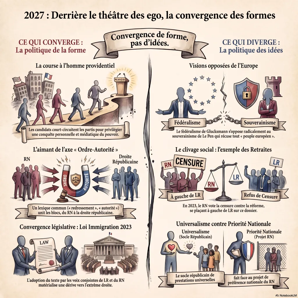 Infographie : la mise en scène du duel présidentiel 2027 et la convergence des programmes derrière le spectacle