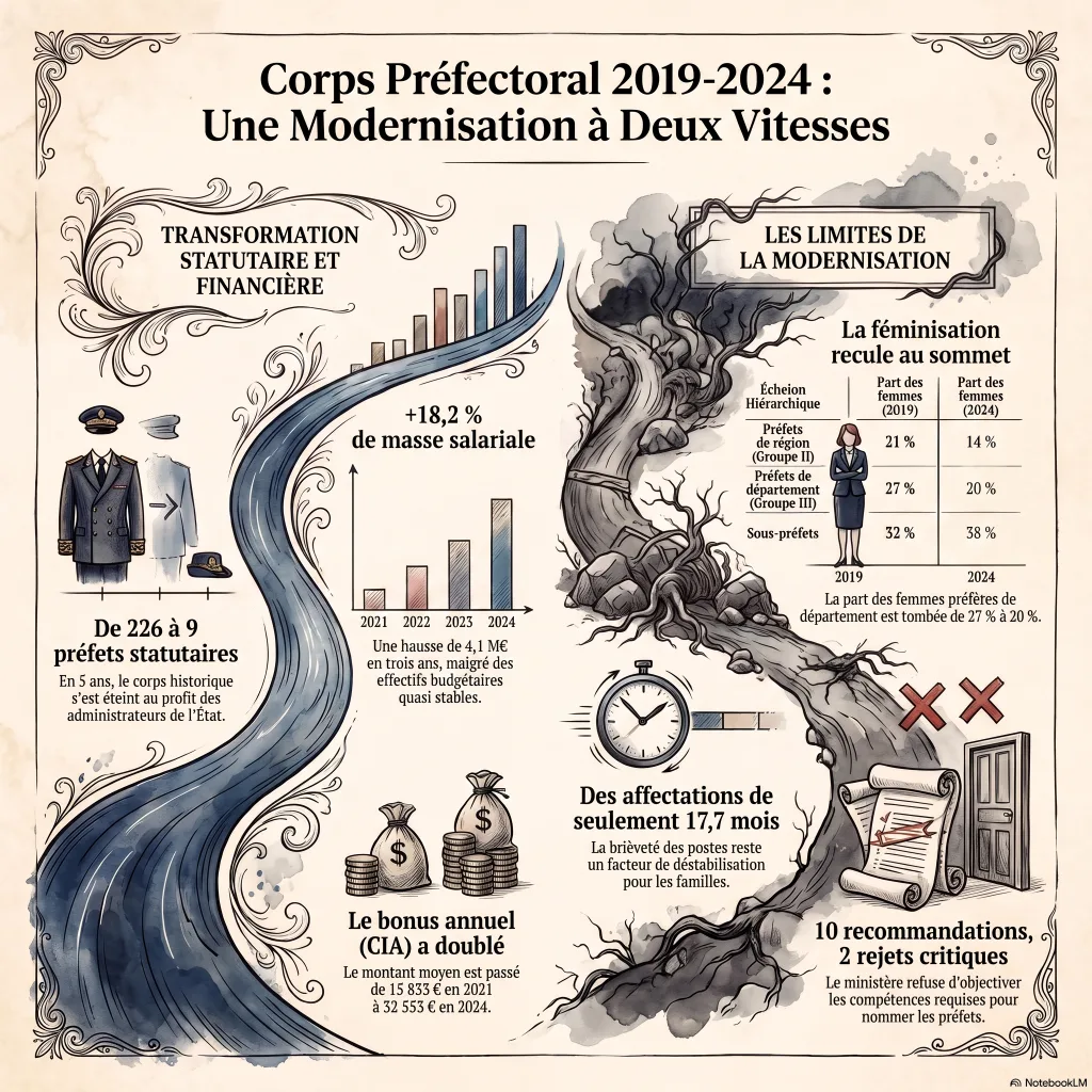 Infographie : effectifs du corps des préfets passés de 226 à 9 entre 2019 et 2024, masse salariale en hausse de 18,2 %, durée moyenne en poste de 17,7 mois, féminisation en recul aux échelons supérieurs (27 % à 20 %), dix recommandations dont deux rejetées par le ministère.