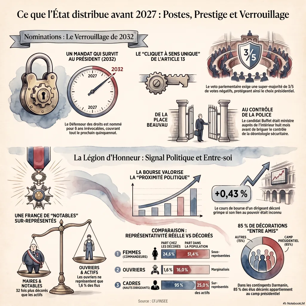 Infographie en deux volets : en haut, « Nominations, le verrouillage de 2032 » — le Défenseur des droits est nommé pour six ans irrévocables, le veto parlementaire de l'article 13 exige une super-majorité des 3/5, et le candidat Buffet était ministre auprès de l'Intérieur huit mois avant de briguer le contrôle de la déontologie de la sécurité ; en bas, « La Légion d'honneur, signal politique et entre-soi » — sur-représentation des cadres et notables face aux ouvriers (1,6 % des décorés) et aux femmes, et 85 % des élus décorés du contingent appartenant au camp présidentiel.