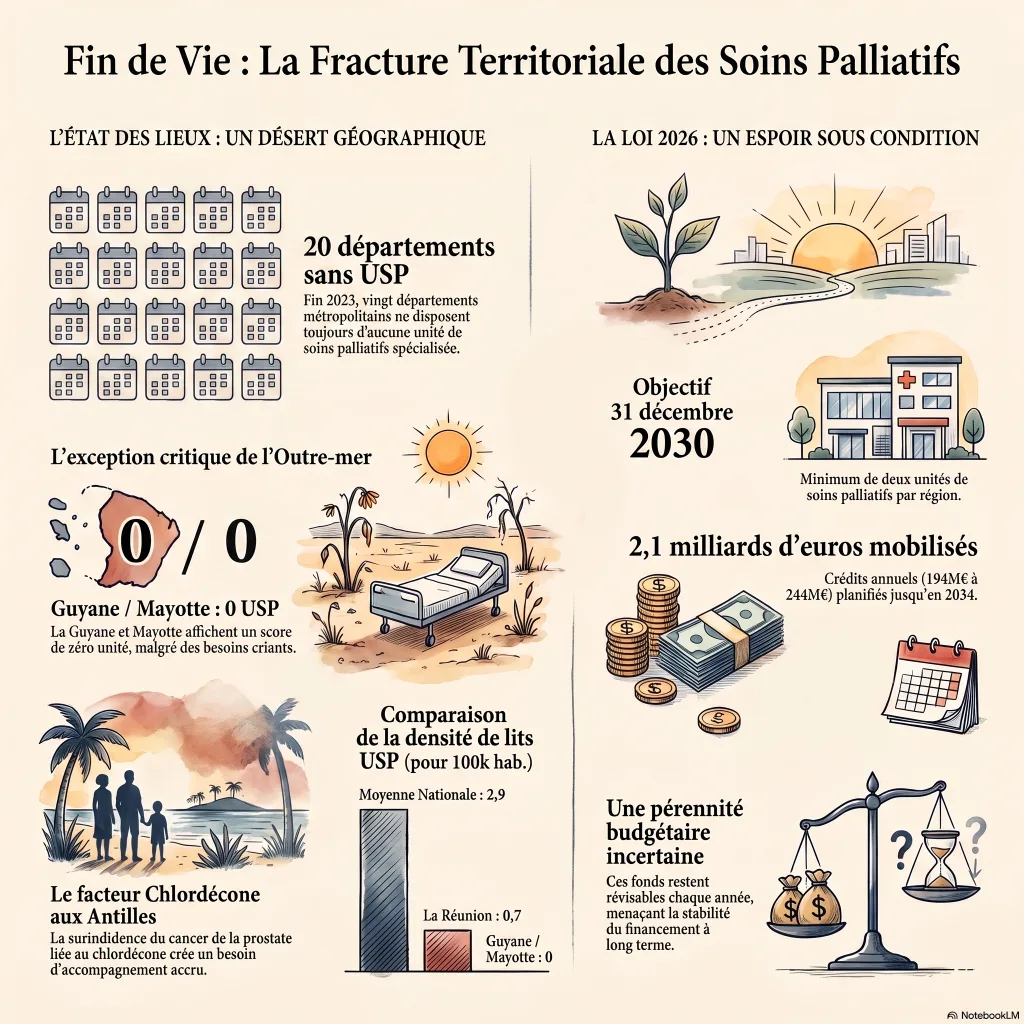 Infographie : 20 départements métropolitains sans unité de soins palliatifs fin 2023, la Guyane et Mayotte à zéro unité, le facteur chlordécone aux Antilles, et la loi 2026-404 (194 à 244 M€/an jusqu'en 2034, échéance 2030, crédits révisables chaque année).