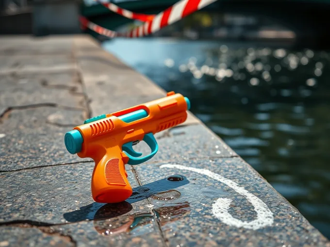 Pistolet à eau abandonné sur un quai de canal parisien, entouré d'un tracé à la craie, ruban de police flou en arrière-plan
