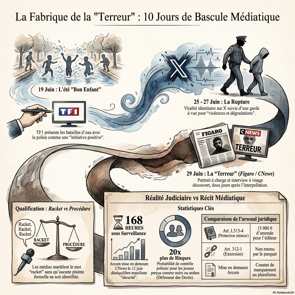 Infographie : la fabrique de la terreur, dix jours de bascule médiatique — chronologie du 19 au 29 juin 2026, qualification racket contre procédure réelle, chiffres clés (168 heures analysées par l'Arcom, vingt fois plus de contrôles, 15 000 euros d'amende prévus par l'article L513-4).
