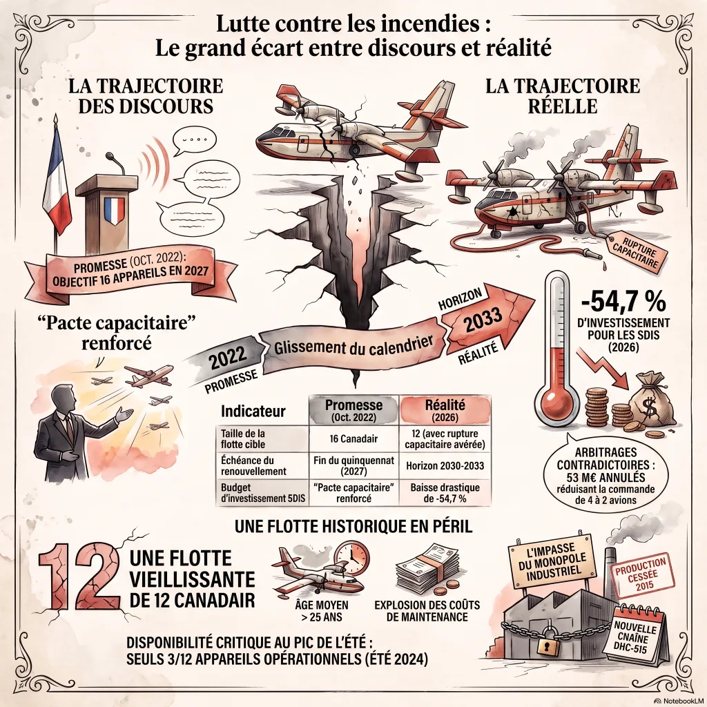 Infographie comparant la promesse de 16 Canadair pour 2027 et la réalité d'une livraison repoussée à 2033, avec la baisse de 54,7 % de l'investissement des SDIS et la disponibilité de 3 appareils sur 12.