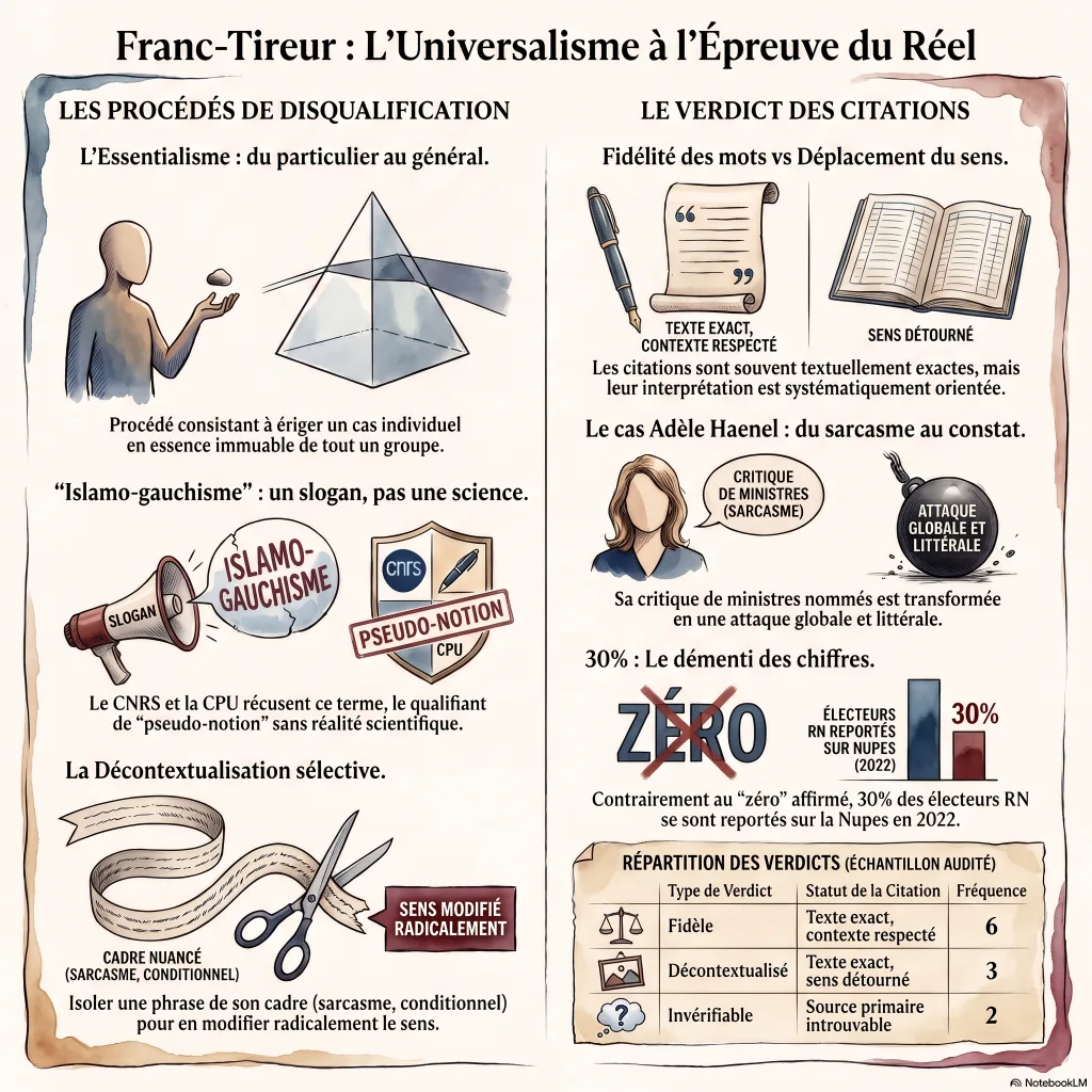 Infographie en deux colonnes : à gauche les procédés de disqualification (essentialisme du particulier au général, islamo-gauchisme qualifié de slogan par le CNRS et la CPU, décontextualisation sélective) ; à droite le verdict des citations, avec un tableau (fidèle 6, décontextualisé 3, invérifiable 2) et le report de 30 % des électeurs RN vers la Nupes en 2022 démentant le « zéro » affirmé.