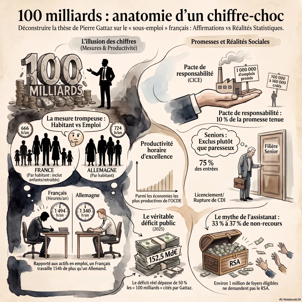 Infographie confrontant les affirmations de Pierre Gattaz aux données vérifiées : heures travaillées par habitant contre par personne en emploi, promesse d'un million d'emplois contre 100 000 à 160 000 réels, déficit réel de 152,5 milliards d'euros, non-recours au RSA de 33 à 37 %.