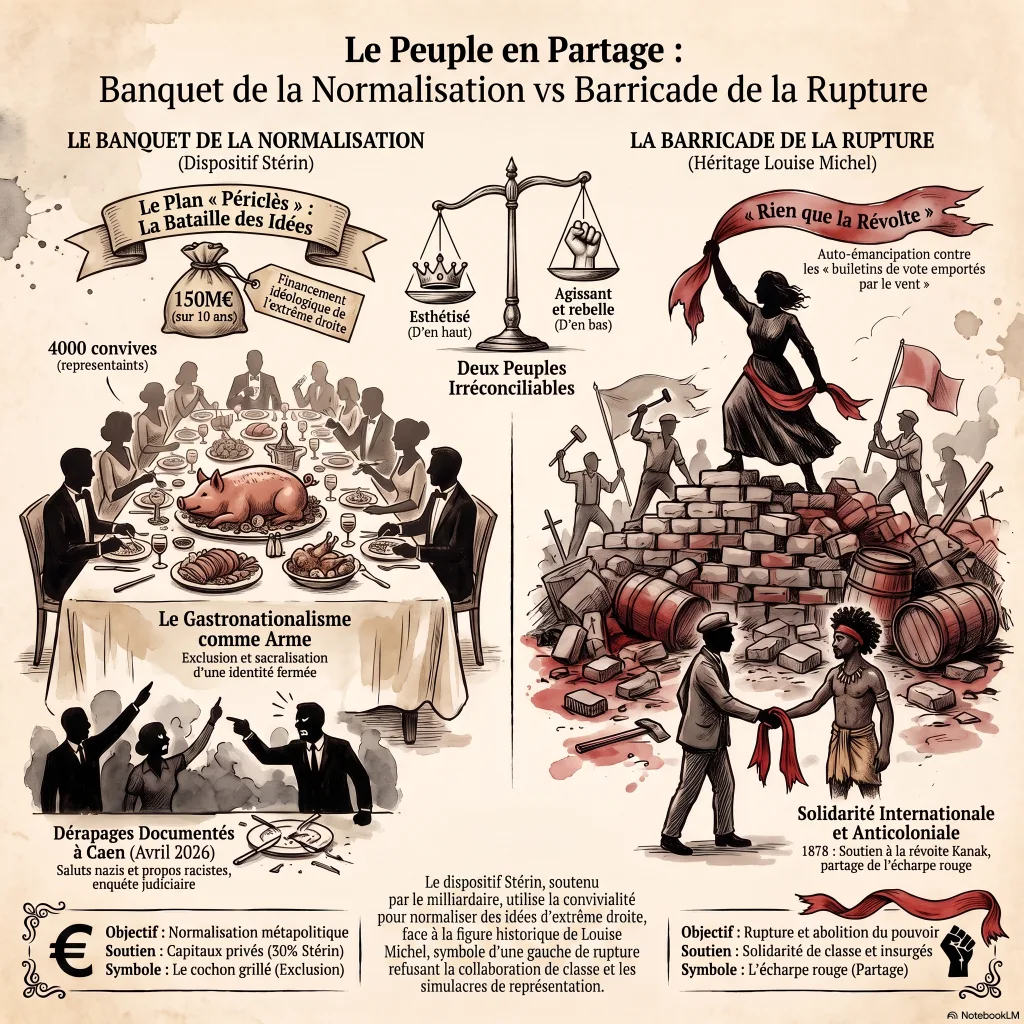 Infographie comparative en deux volets : à gauche, le « banquet de la normalisation » (dispositif Stérin, plan Périclès à 150 M€, gastronationalisme, dérapages de Caen) ; à droite, la « barricade de la rupture » (héritage de Louise Michel, écharpe rouge, solidarité anticoloniale kanak de 1878) ; au centre, une balance figurant deux peuples irréconciliables.