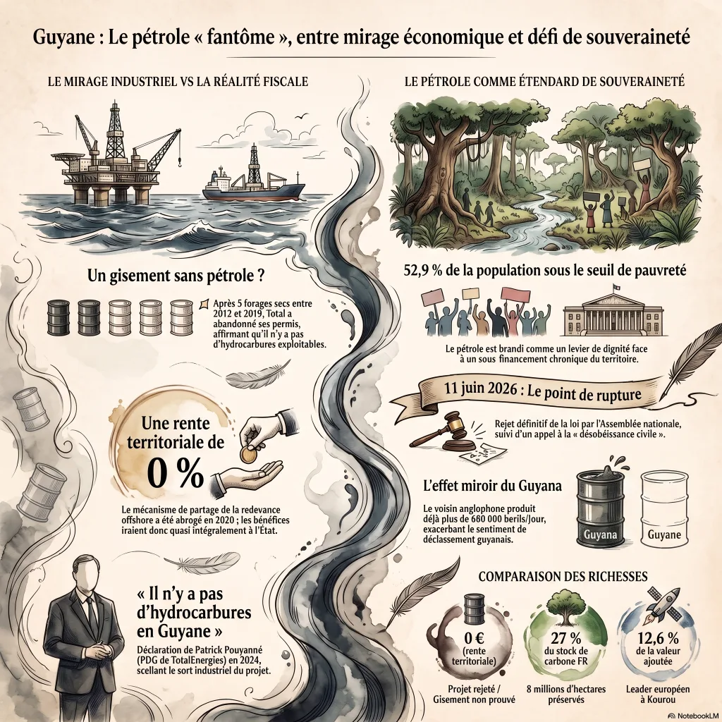 Infographie en deux volets : à gauche, le « mirage industriel » (plateforme offshore, cinq forages secs entre 2012 et 2019, rente territoriale de 0 % après l'abrogation du partage de la redevance en 2020) ; à droite, le pétrole brandi comme « étendard de souveraineté » (forêt amazonienne, 52,9 % de la population sous le seuil de pauvreté, rejet de la loi le 11 juin 2026, effet miroir du Guyana) ; en bas, comparaison des richesses : 0 € de rente, 27 % du stock de carbone français, 12,6 % de la valeur ajoutée liée à Kourou.