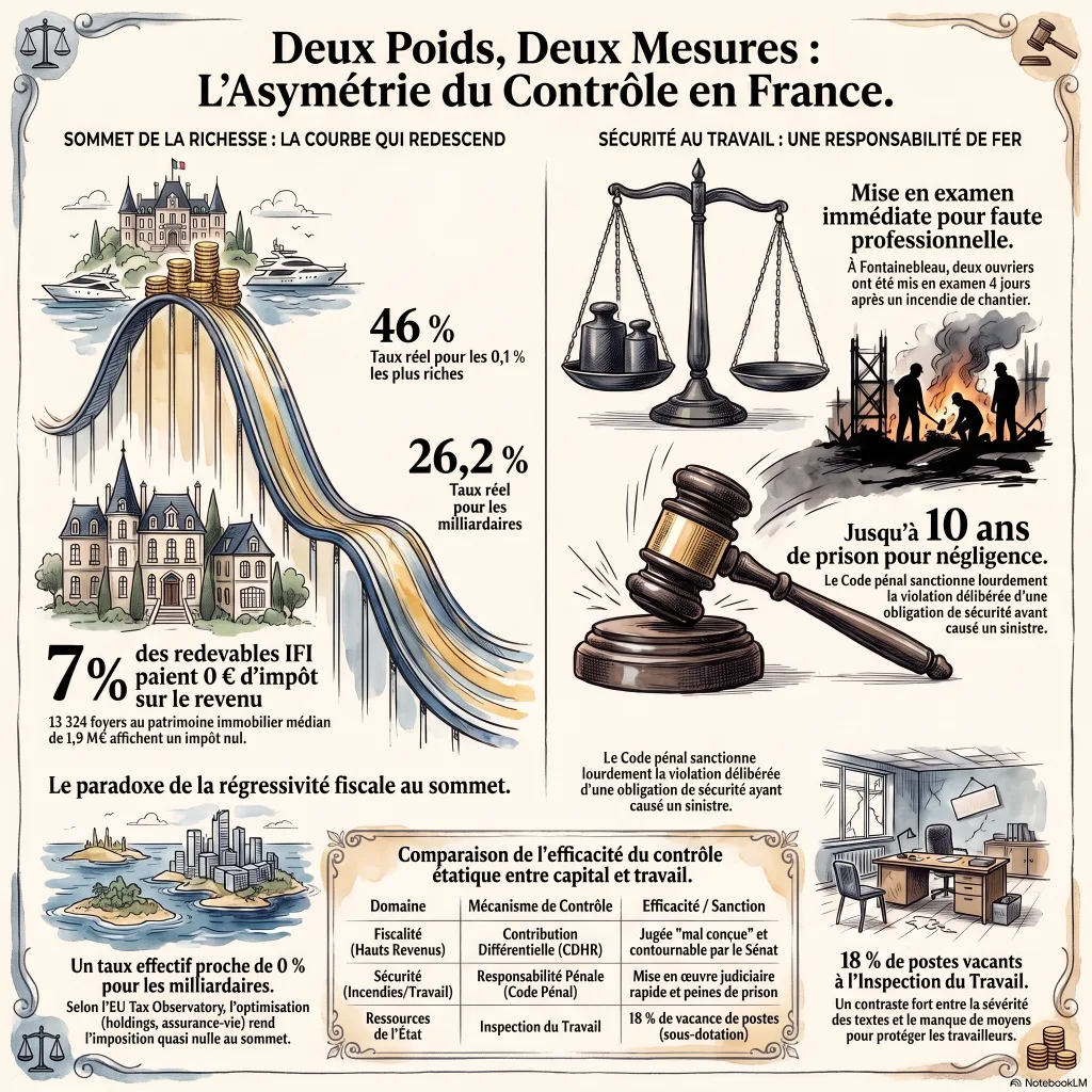 Infographie : taux d'imposition effectif qui redescend au sommet de la richesse (46% puis 26,2%, 7% des foyers IFI à impôt nul) en regard de la responsabilité pénale effective pour incendie d'origine professionnelle (mise en examen à Fontainebleau, jusqu'à 10 ans de prison) et du sous-effectif de l'inspection du travail (18% de postes vacants).