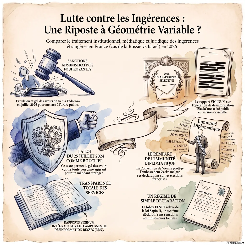 Infographie comparant les régimes juridiques appliqués à Xenia Fedorova (sanctions administratives foudroyantes), à l'ambassadeur d'Israël (immunité diplomatique) et au lobby ELNET (simple déclaration)