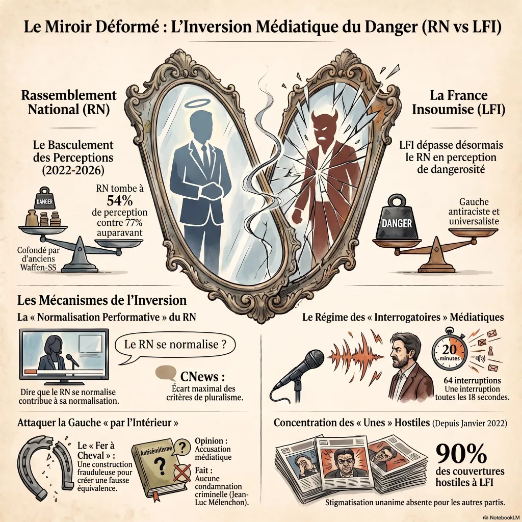 Infographie : l'inversion médiatique — la gauche radicale mise en accusation, l'extrême droite normalisée