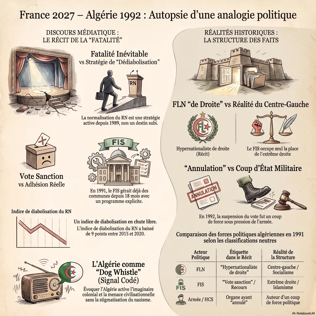 Infographie en deux colonnes : à gauche, le récit médiatique de la « fatalité » ; à droite, la structure des faits. Dédiabolisation active du RN depuis 1989, adhésion électorale au FIS gouvernant des communes dès 1990, classification neutre plaçant le FLN au centre-gauche et le FIS à l'extrême droite, suspension du vote de 1992 par un coup de force militaire, et l'Algérie comme signal codé.