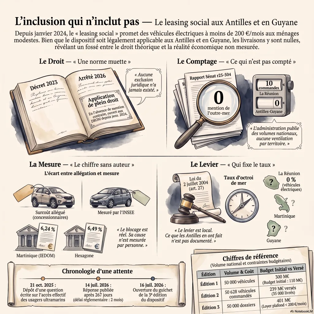 Infographie en quatre blocs : le droit (décret 2023 et arrêté 2026 sans clause territoriale, application de plein droit depuis janvier 2024) ; le comptage (rapport du Sénat r25-504, zéro mention de l'outre-mer ; La Réunion dix commandes, Antilles-Guyane zéro) ; la mesure (surcoût allégué de 10 % contre INSEE poste Transports +1,3 % et +2,0 % ; taux bancaires Martinique 6,24 % contre Hexagone 6,49 %) ; le levier (loi du 2 juillet 2004 article 27, taux fixés par les collectivités ; La Réunion 0 % sur les véhicules électriques, Antilles taux non établi). Frise : 21 octobre 2025, 14 juillet 2026, 16 juillet 2026.