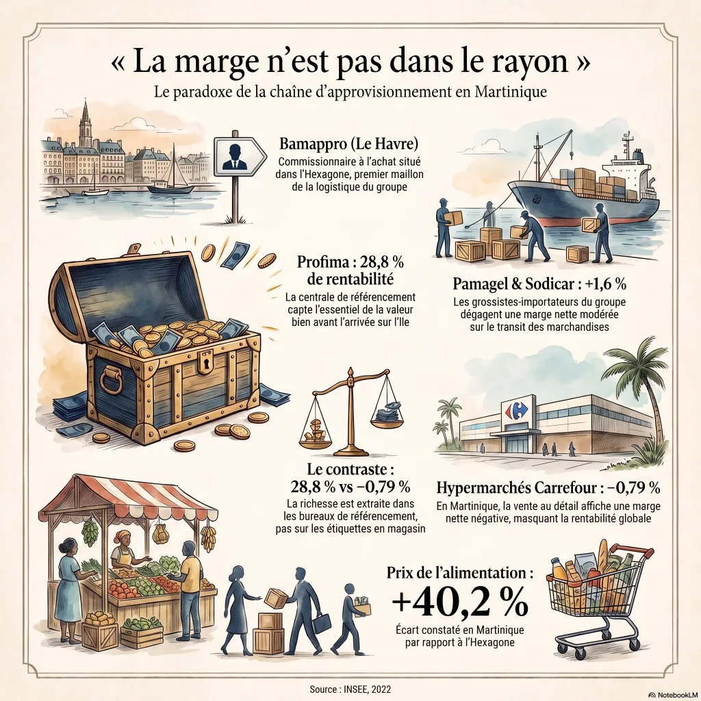 Infographie « La marge n'est pas dans le rayon » : la chaîne d'approvisionnement de GBH en Martinique — la centrale de référencement Profima capte l'essentiel de la valeur (28,8 % de rentabilité) en amont, au Havre, tandis que les hypermarchés Carrefour affichent une marge nette négative (−0,79 %) au détail, pour un panier alimentaire 40,2 % plus cher qu'en Hexagone (INSEE 2022).