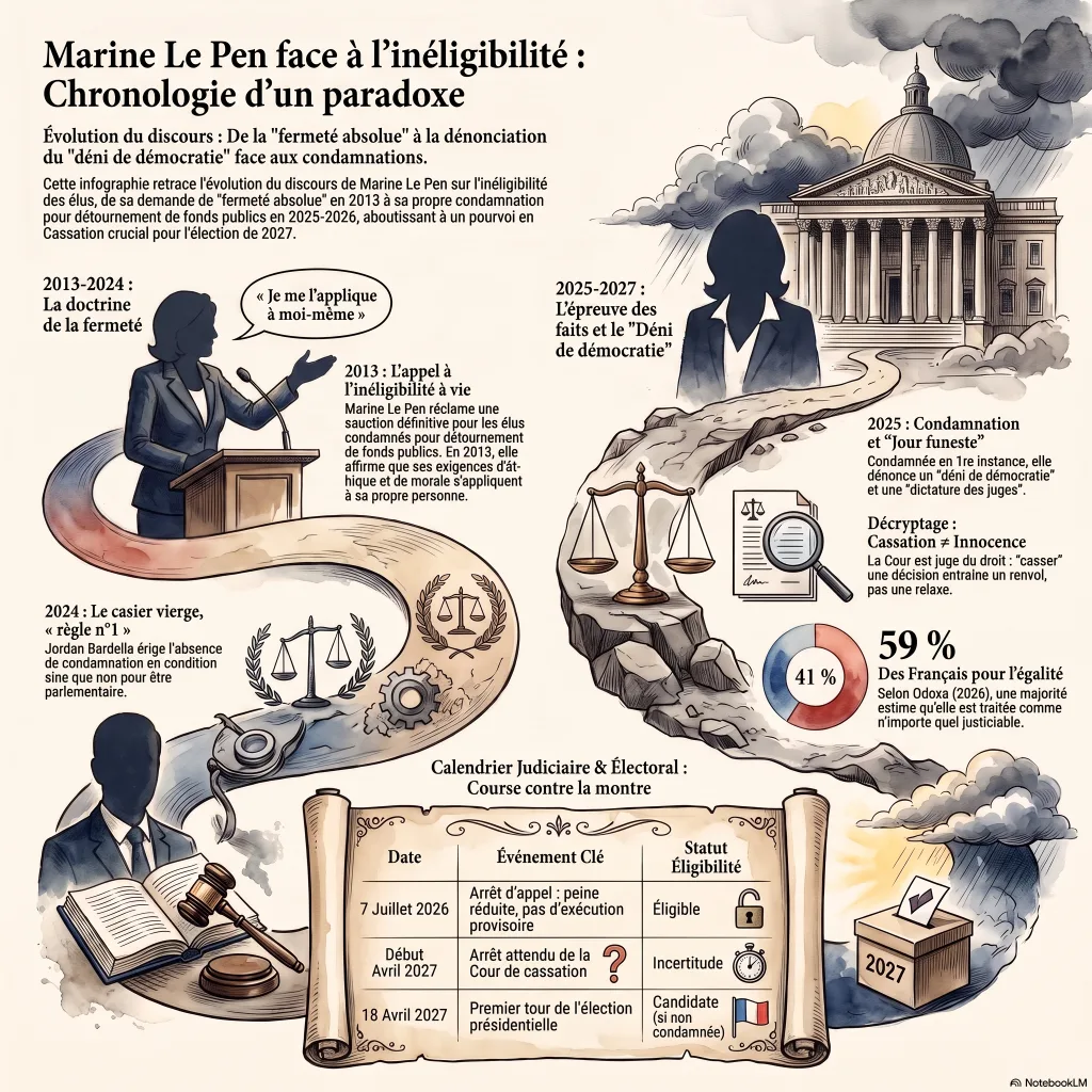 Chronologie illustrée : Marine Le Pen face à l'inéligibilité, de la doctrine de fermeté (2013) au pourvoi en cassation (2026), avec le décryptage « cassation n'est pas innocence » et le sondage Odoxa (59 %).