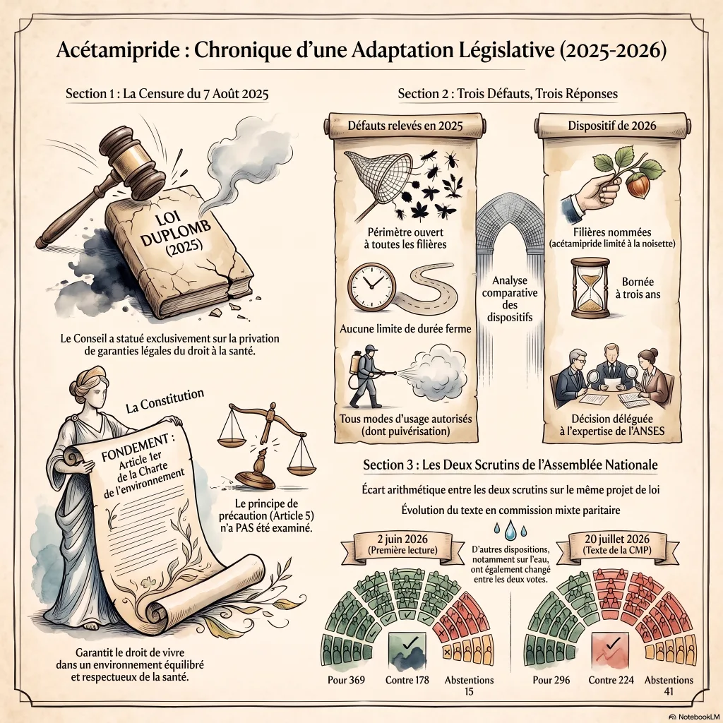 Infographie retraçant le parcours de l'acétamipride : censure du Conseil constitutionnel le 7 août 2025 fondée sur l'article 1er de la Charte de l'environnement, le principe de précaution n'ayant pas été examiné ; mise en regard des trois défauts relevés en 2025 et des trois réponses du texte de 2026 ; écart arithmétique entre les deux scrutins de l'Assemblée nationale, 369 voix pour en juin contre 296 en juillet.