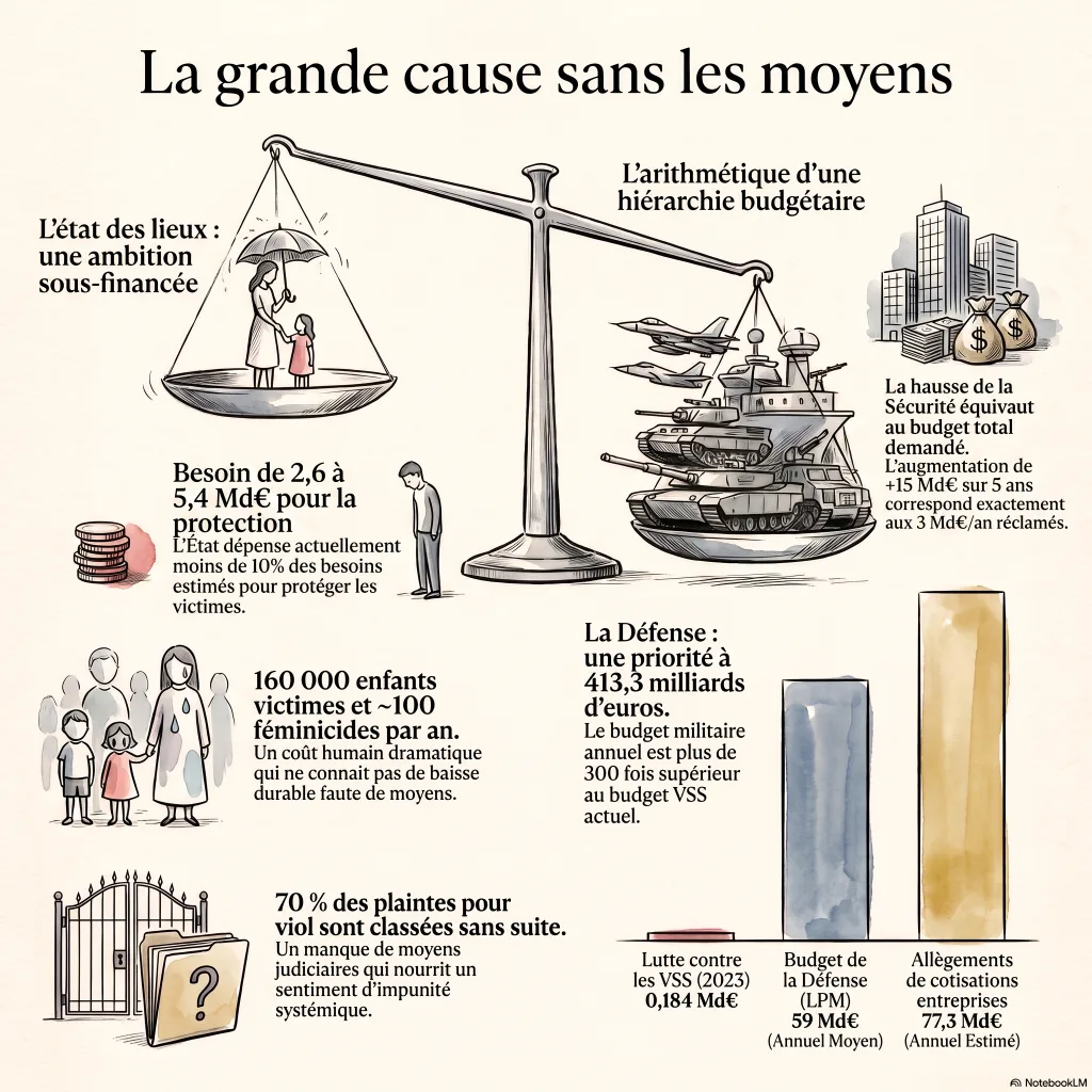 Balance déséquilibrée comparant le budget de l'État contre les violences faites aux femmes (0,184 Md€ en 2023) aux budgets de la Défense (59 Md€ par an), des allègements de cotisations aux entreprises (77,3 Md€) et à la hausse de la sécurité (+15 Md€).