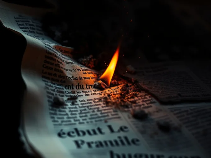 Braises d'un feu contrôlé progressant sur une page de journal calcinée, cendres et étincelles dans l'obscurité.
