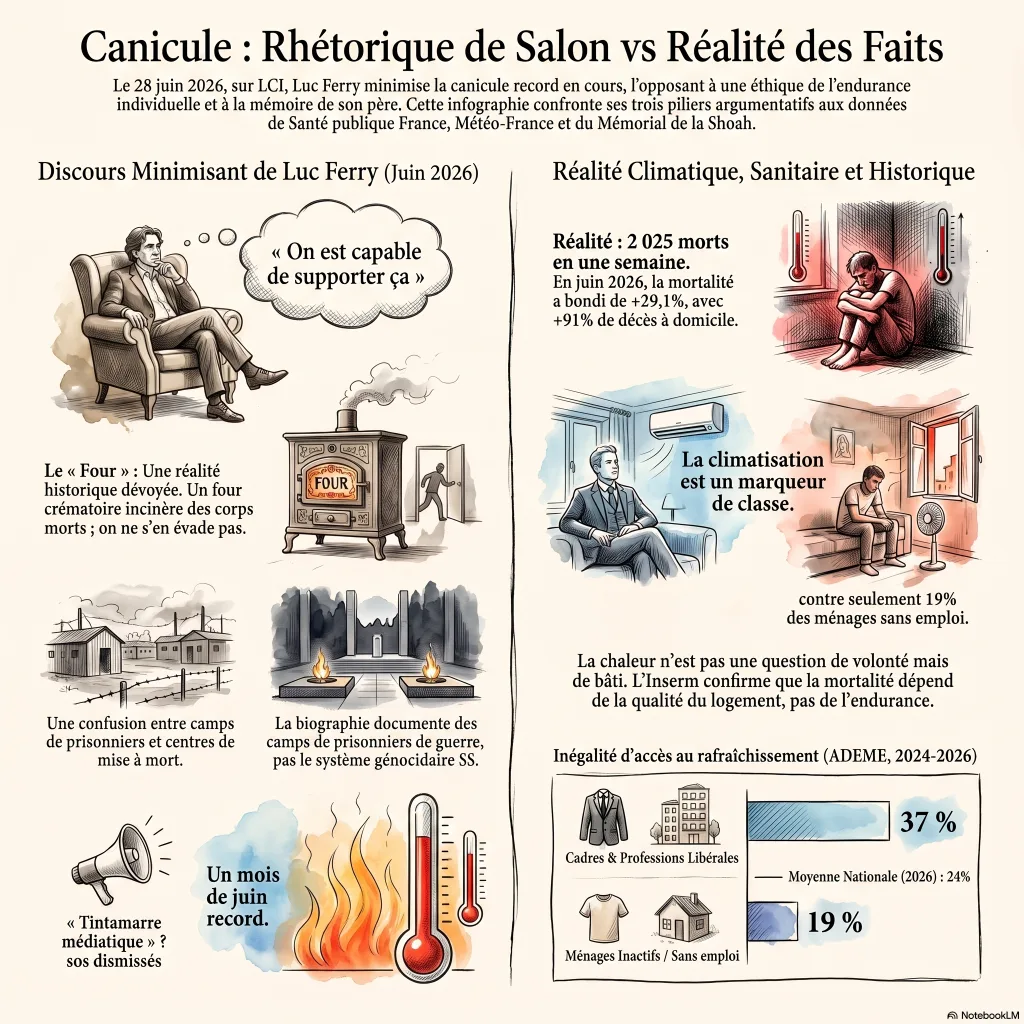 Infographie : les affirmations de Luc Ferry sur la canicule confrontées aux données — surmortalité inégale (Santé publique France), records de juin 2026 (Météo-France), 37 % des cadres climatisés contre 19 % des ménages sans emploi (ADEME).