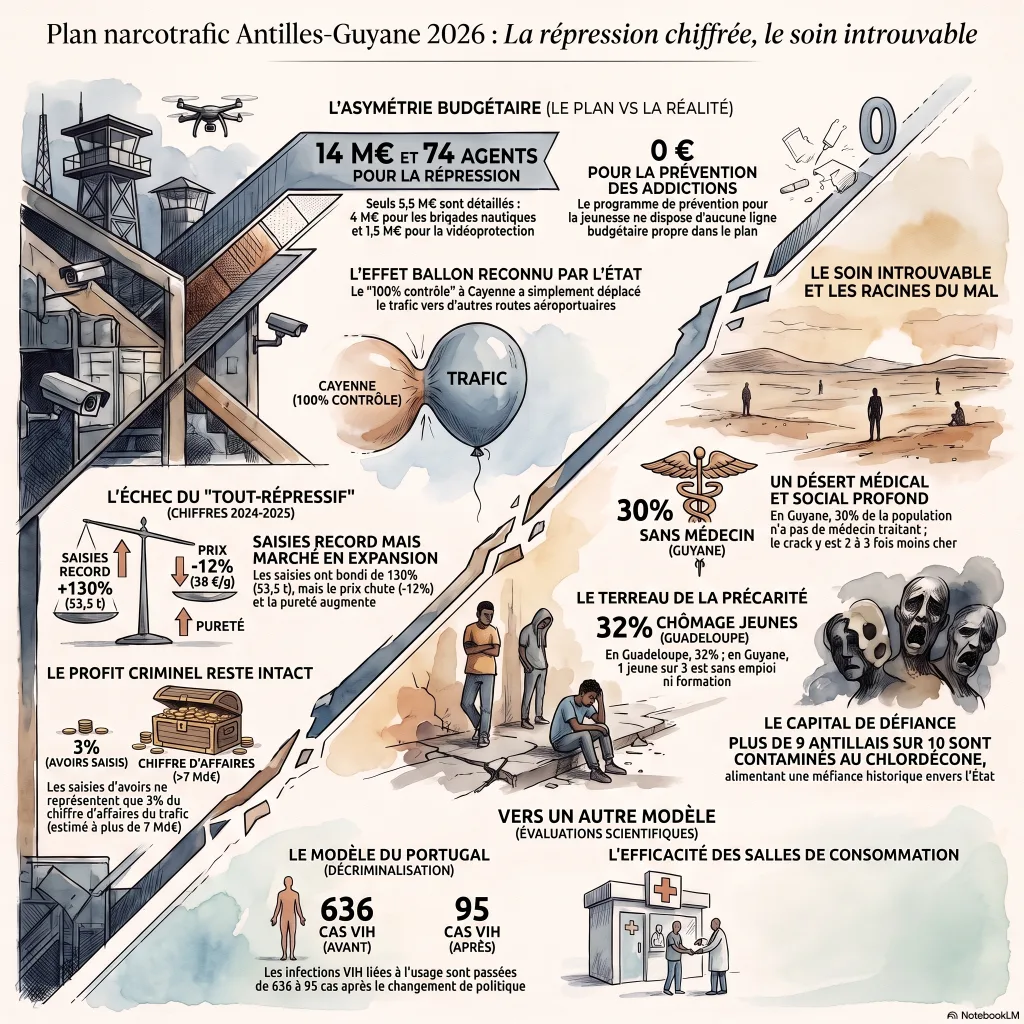Infographie : d'un côté 14 M€ et 74 agents pour la répression (dont 0 € pour la prévention des addictions), de l'autre l'échec documenté du tout-répressif (saisies record mais marché en expansion, 3 % des avoirs saisis), le désert médical (30 % des Guyanais sans médecin), les racines sociales (chômage des jeunes 32 %, chlordécone) et les modèles alternatifs (Portugal, salles de consommation).