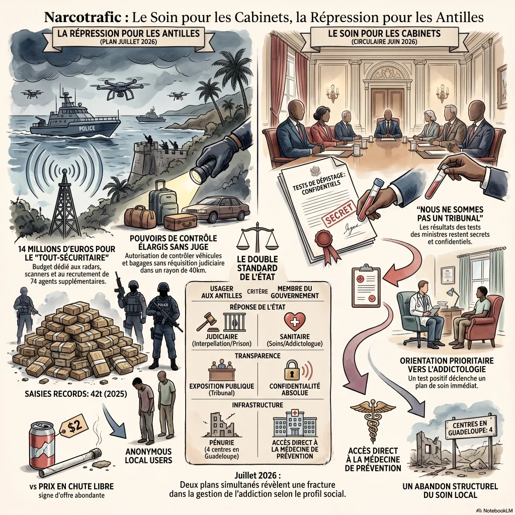 Infographie : deux poids deux mesures — la répression pour la rue, le soin pour l'État face à la drogue aux Antilles