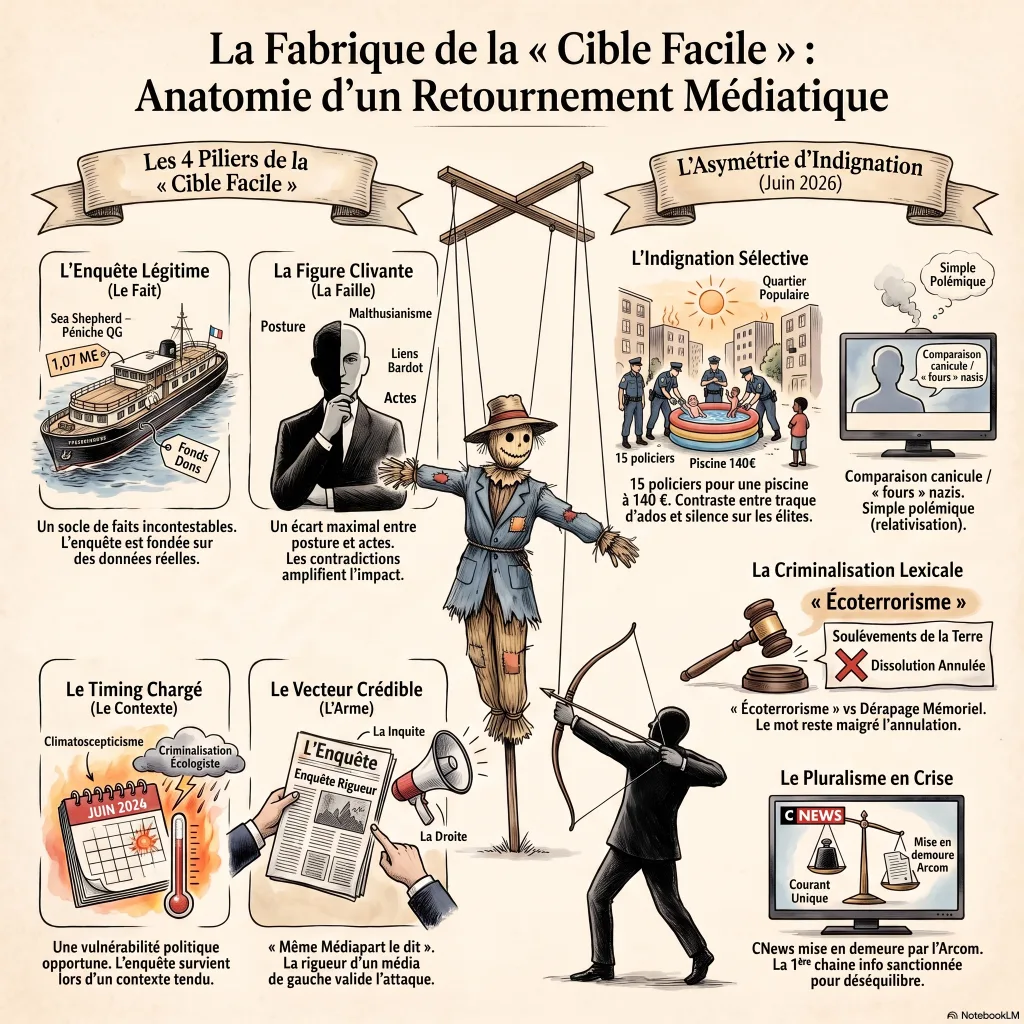 Infographie : les quatre piliers de la « cible facile » et l'asymétrie de l'indignation médiatique.