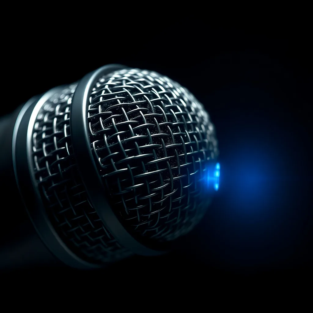 Micro de broadcast en gros plan, traitement synthetique bleu — illustration de couverture porte-parolIA
