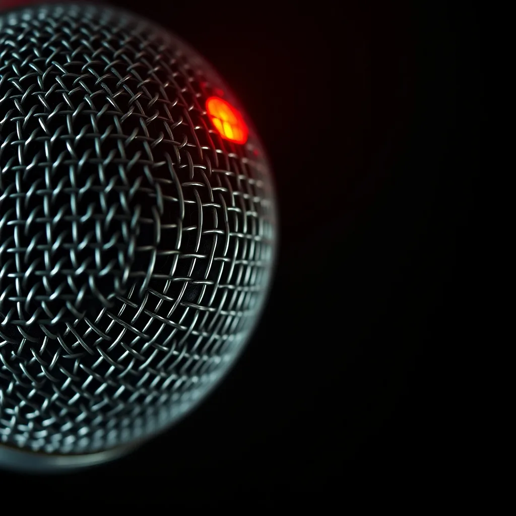 Micro de broadcast en gros plan, traitement synthetique rouge — illustration de couverture porte-parolIA