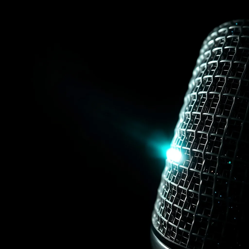 Micro de broadcast en gros plan, traitement synthetique teal — illustration de couverture porte-parolIA