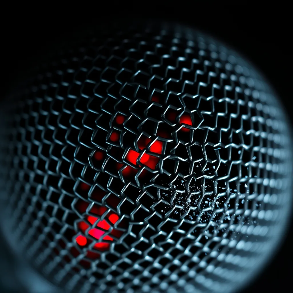 Gros plan macro sur la grille métallique d'un micro synthétique, lumière rouge filtrant à travers les perforations, maillage se dissolvant en particules
