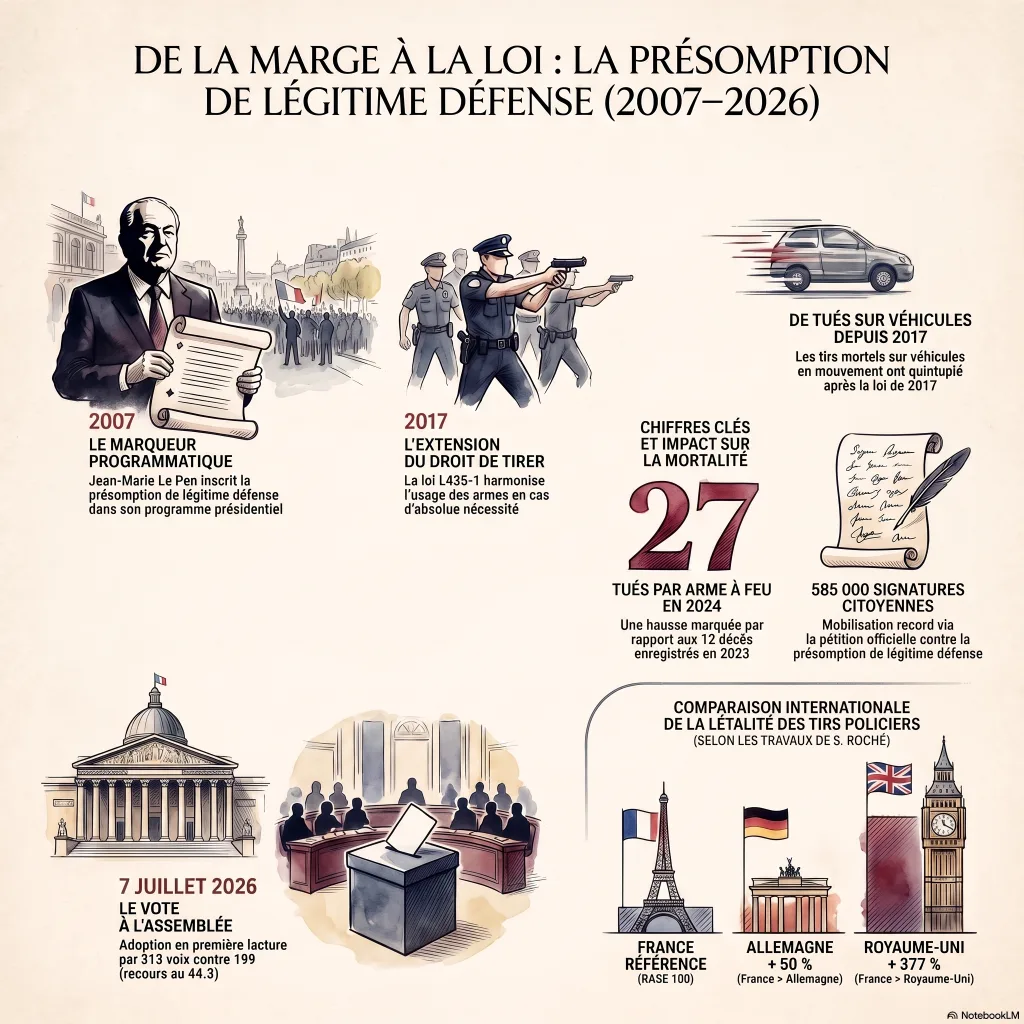 Infographie : chronologie 2007-2026 de la présomption de légitime défense (programme de Jean-Marie Le Pen en 2007, loi de 2017, vote du 7 juillet 2026 par 313 voix contre 199) et chiffres clés — 27 personnes tuées par arme à feu en 2024 contre 12 en 2023, cinq fois plus de tués sur véhicules depuis 2017, 585 000 signatures, létalité policière française supérieure de 50 % à l'Allemagne et de 377 % au Royaume-Uni.