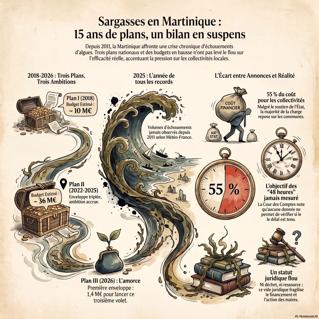 Infographie : les trois plans sargasses (2018 environ 10 M€, 2022-2025 environ 36 M€, 2026 première enveloppe 1,4 M€), l'objectif des 48 heures jamais mesuré selon la Cour des comptes, 55 % du coût supporté par les collectivités, 2025 année record d'échouements en Martinique, statut juridique flou.