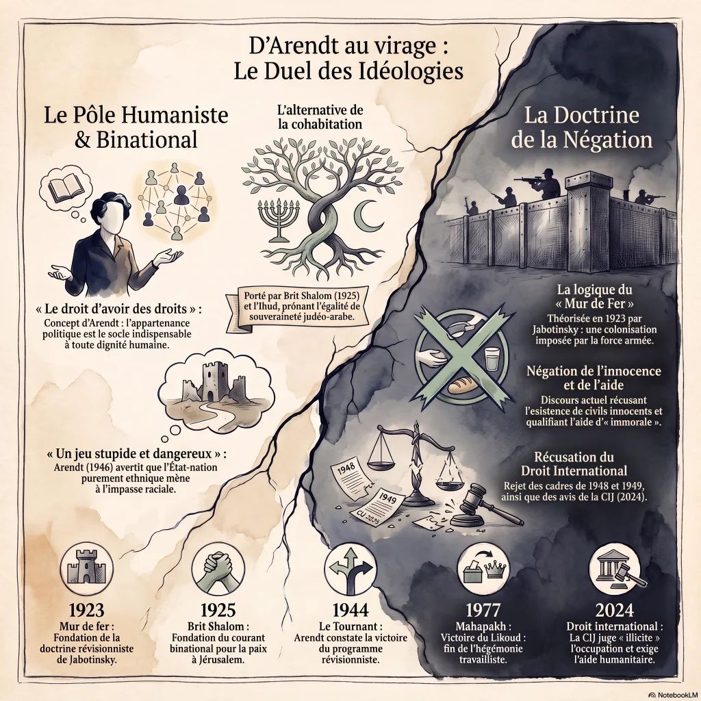 Infographie : deux pôles opposés — le courant humaniste et binational du sionisme (Arendt, Buber, Magnes ; « le droit d'avoir des droits ») face à la doctrine de la négation (mur de fer, négation de l'aide, récusation du droit international), avec une frise datée de 1923 à 2024.