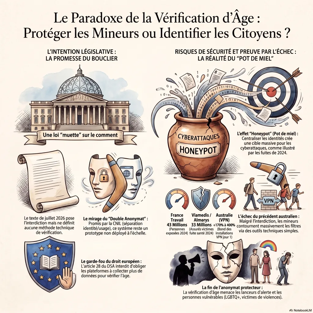 Infographie : le paradoxe de la vérification d'âge — d'un côté la promesse du bouclier (loi muette, mirage du double anonymat, garde-fou du DSA), de l'autre les risques de sécurité (effet honeypot, fuites France Travail 43 millions et Viamedis 33 millions, contournement australien par VPN, fin de l'anonymat protecteur).