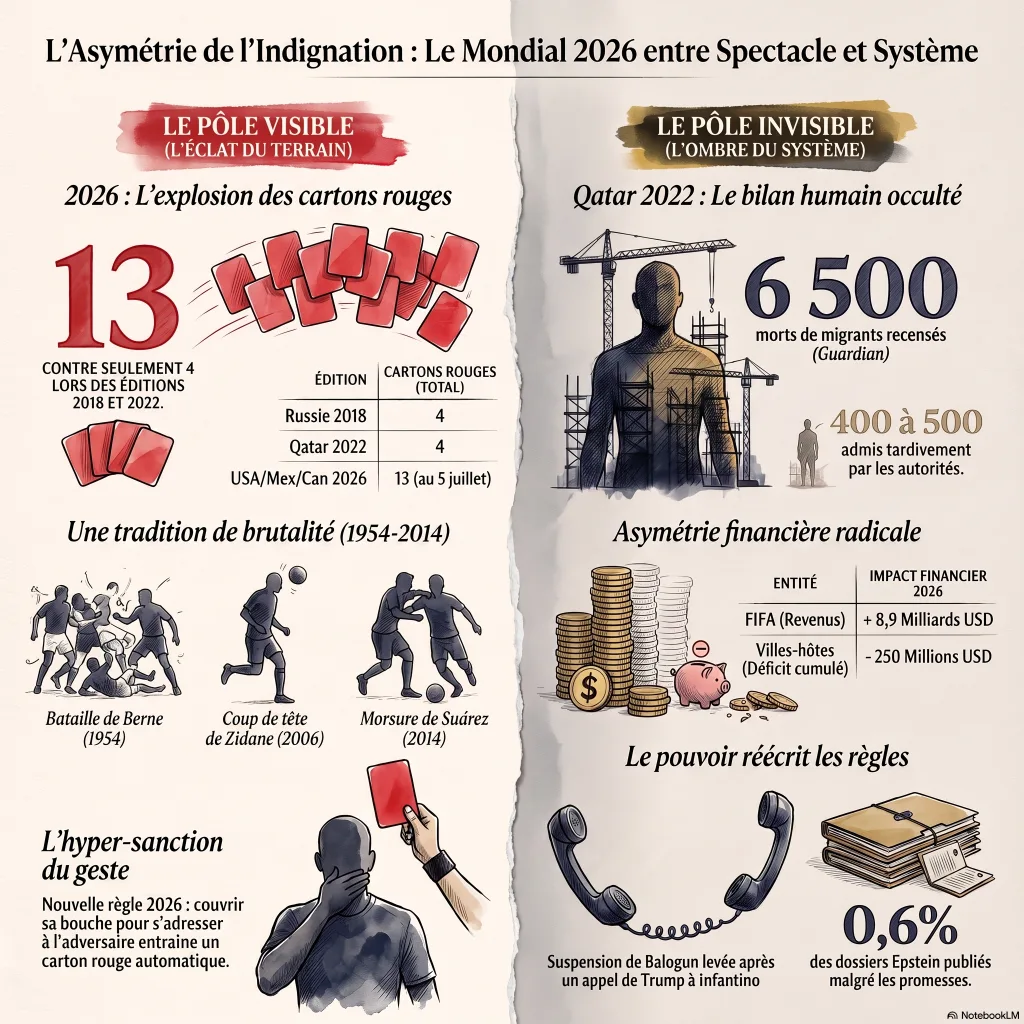 Infographie en miroir opposant le pôle visible du Mondial 2026 (13 cartons rouges contre 4 en 2018 et 2022, tradition de brutalité de 1954 à 2014, hyper-sanction du geste) et le pôle invisible (6 500 morts au Qatar, FIFA +8,9 milliards de dollars contre −250 millions pour les villes-hôtes, suspension levée après un appel de Trump, 0,6 % des dossiers Epstein publiés).