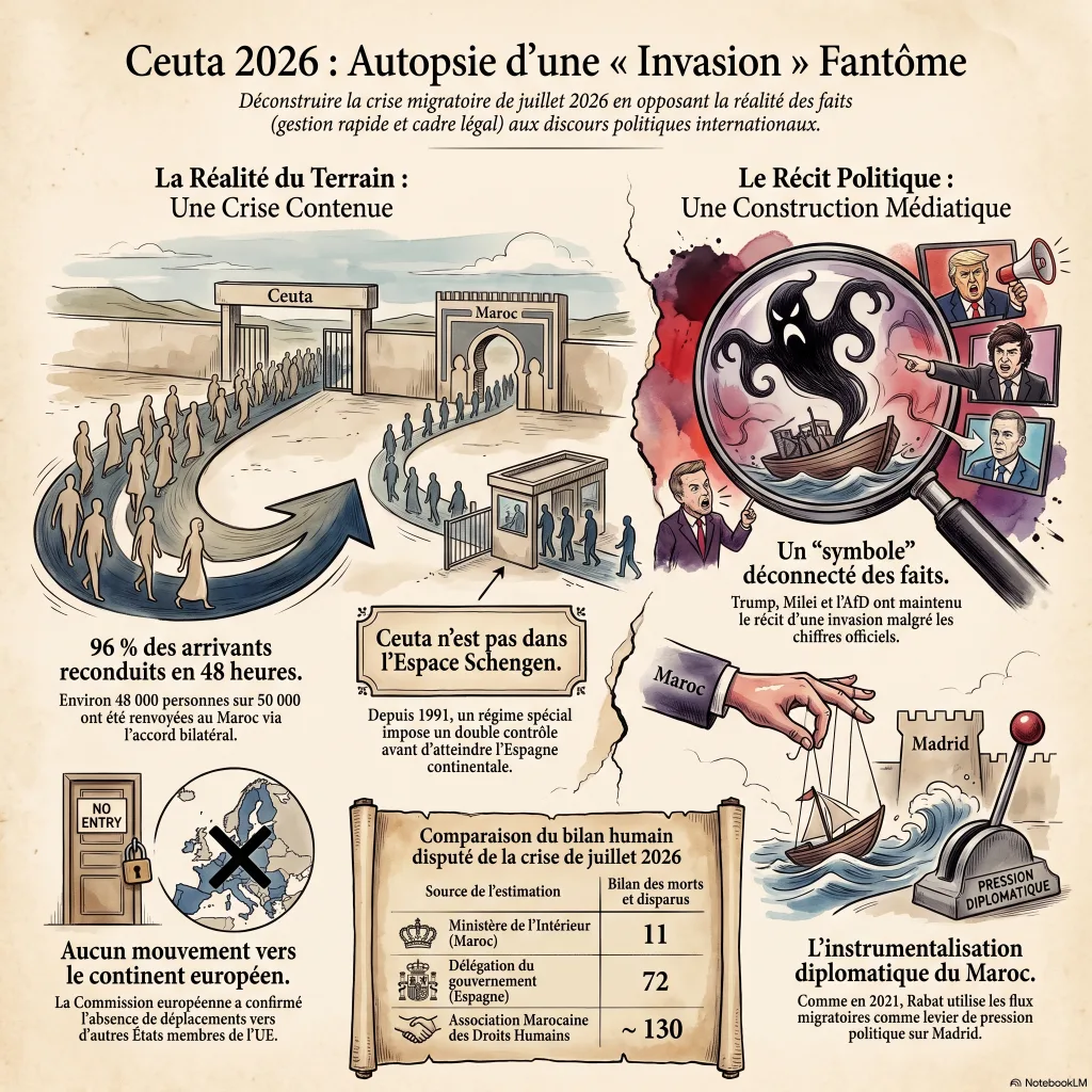 Infographie : Ceuta 2026, la réalité du terrain (96 % de reconduites, hors Schengen) face au récit politique international (Trump, Milei, AfD)