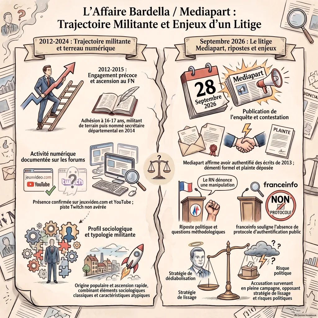 Infographie : trajectoire militante de Jordan Bardella (2012-2024) et chronologie du litige avec Mediapart (septembre 2026), sans verdict sur l'authenticité des écrits contestés
