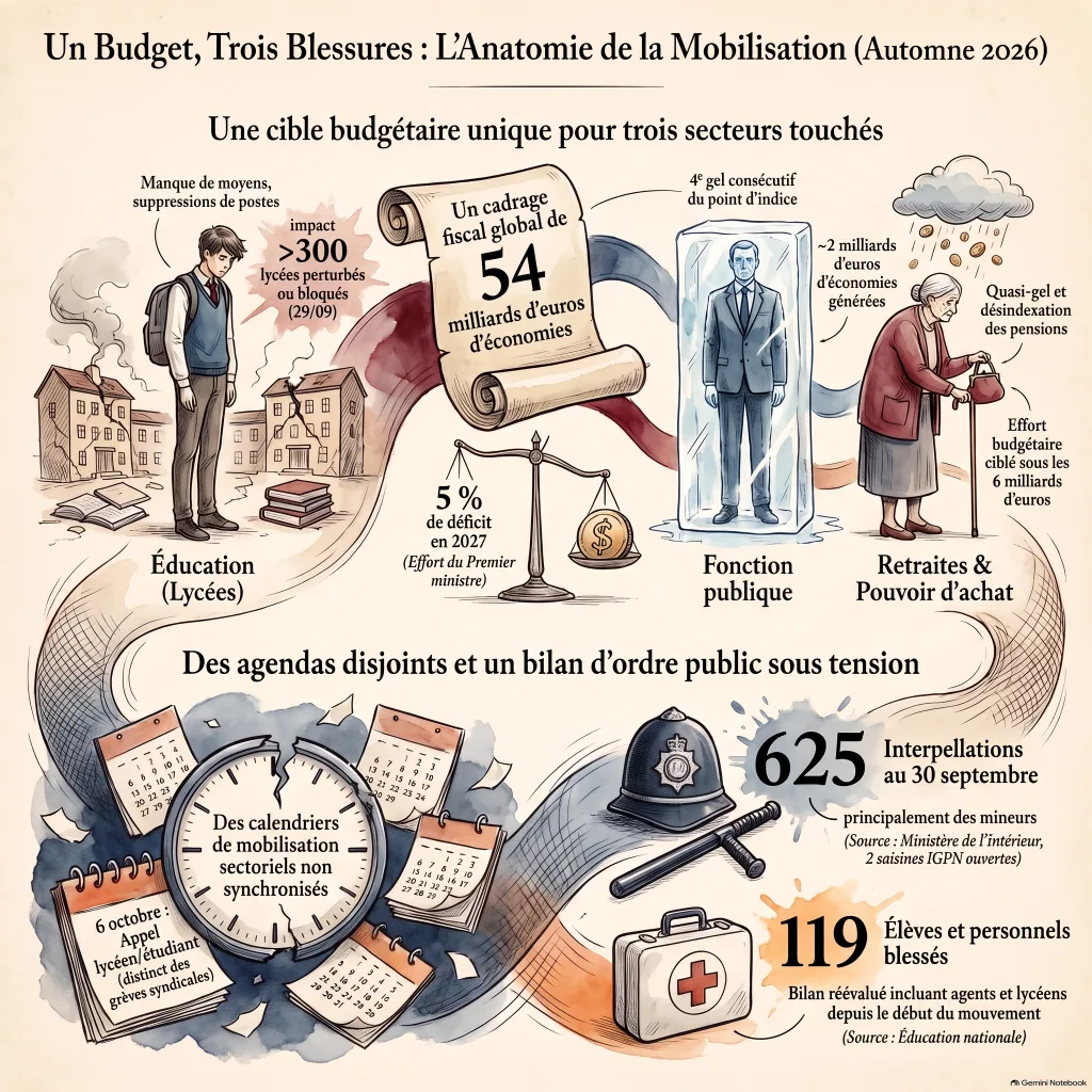 Infographie : un budget d'austérité de 54 milliards d'euros et ses trois cibles (éducation, fonction publique, retraites), des calendriers de mobilisation disjoints, et un bilan d'ordre public de 625 interpellations et 119 blessés au 30 septembre 2026.