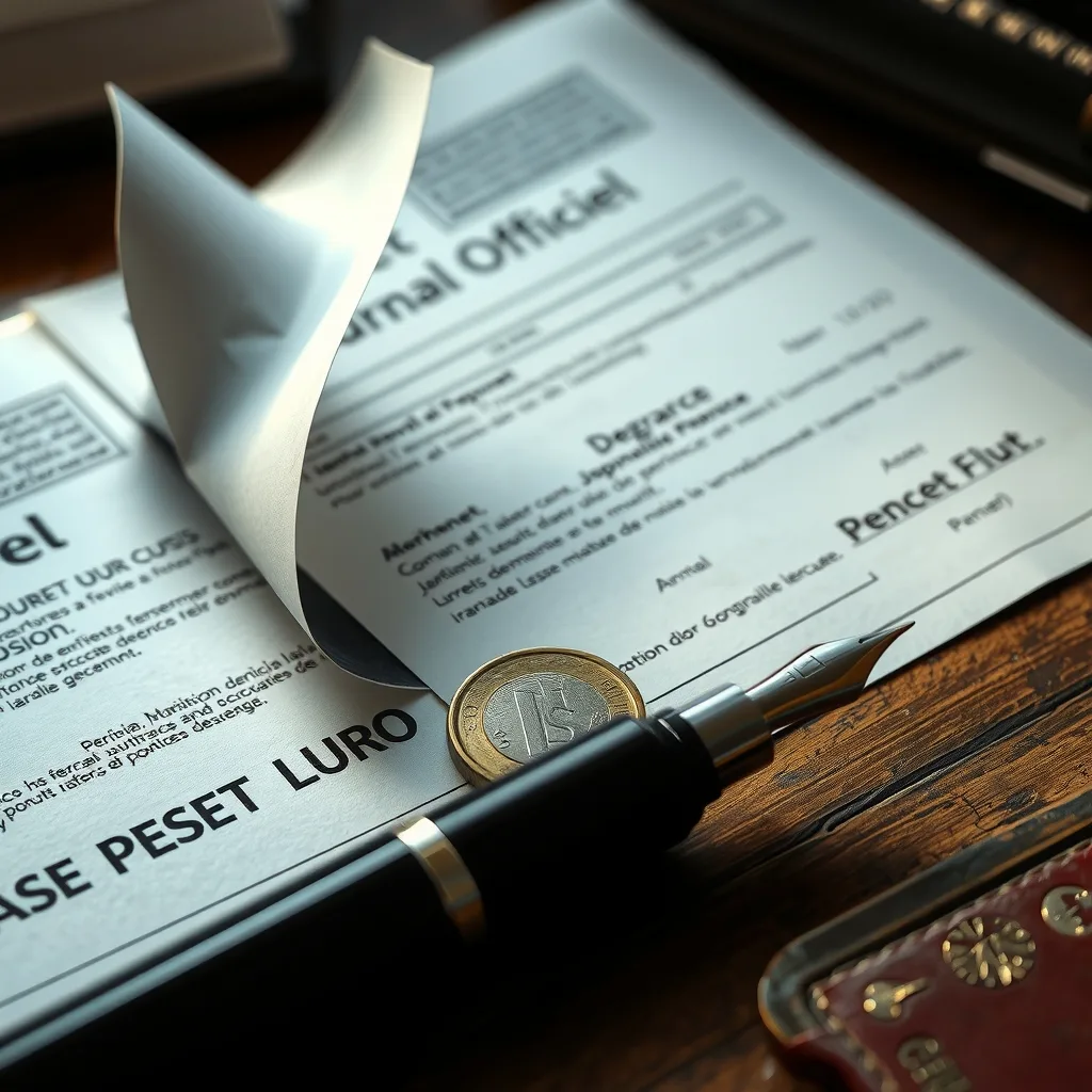Gros plan macro sur un bulletin de pension et un décret officiel, sans personne visible.