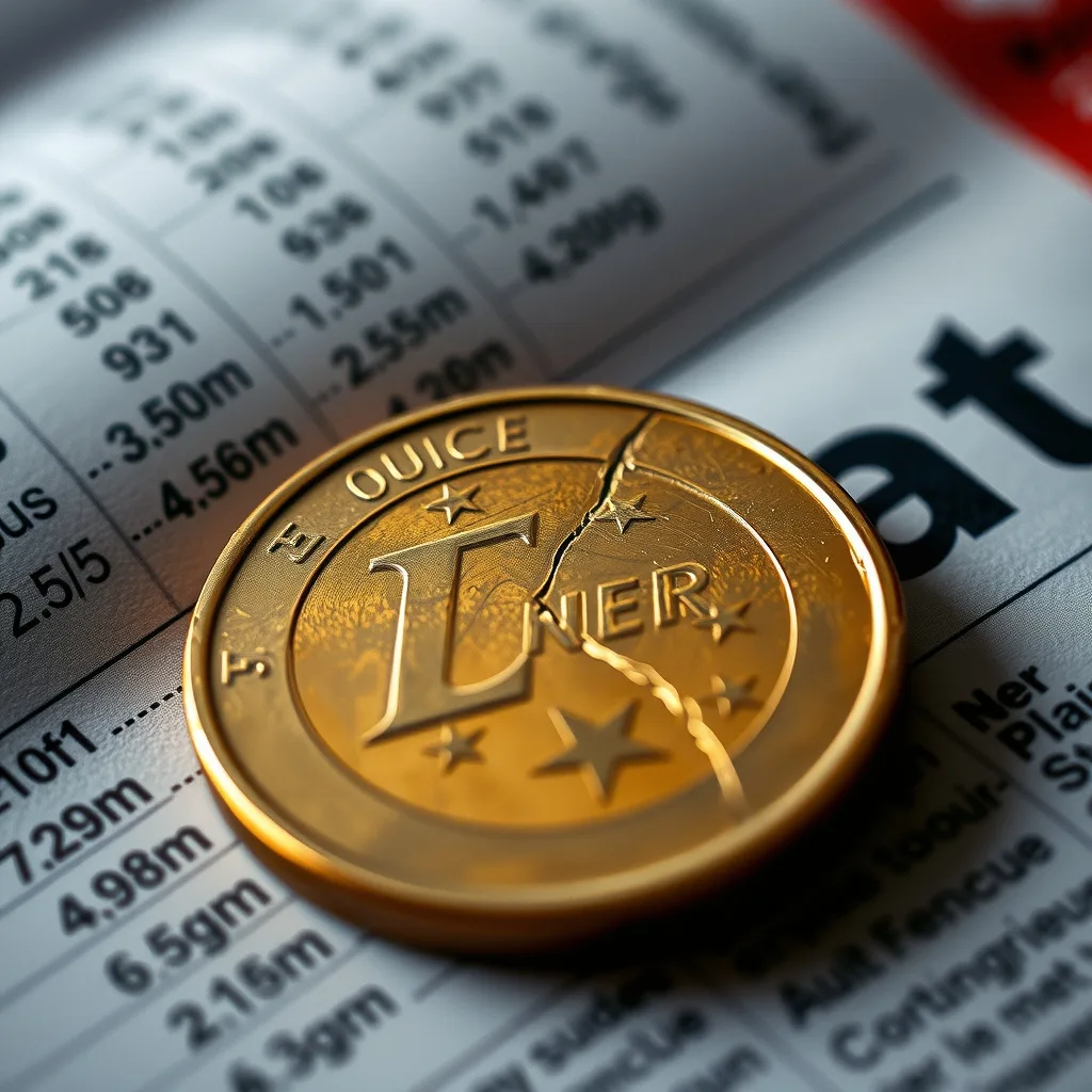 Pièce d'un euro fissurée posée sur une page financière de cotations obligataires