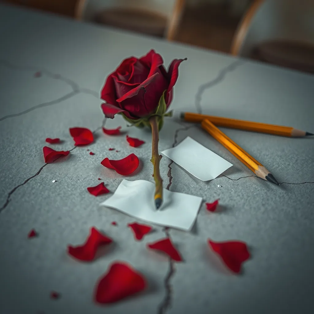 Une rose rouge socialiste à la tige brisée et des pétales épars sur une table de bureau de vote fissurée