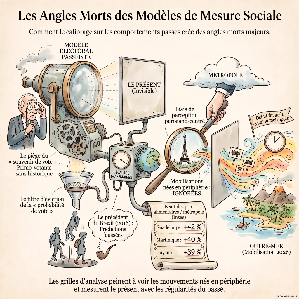 Infographie illustrant le mécanisme du redressement électoral et l'angle mort des primo-votants
